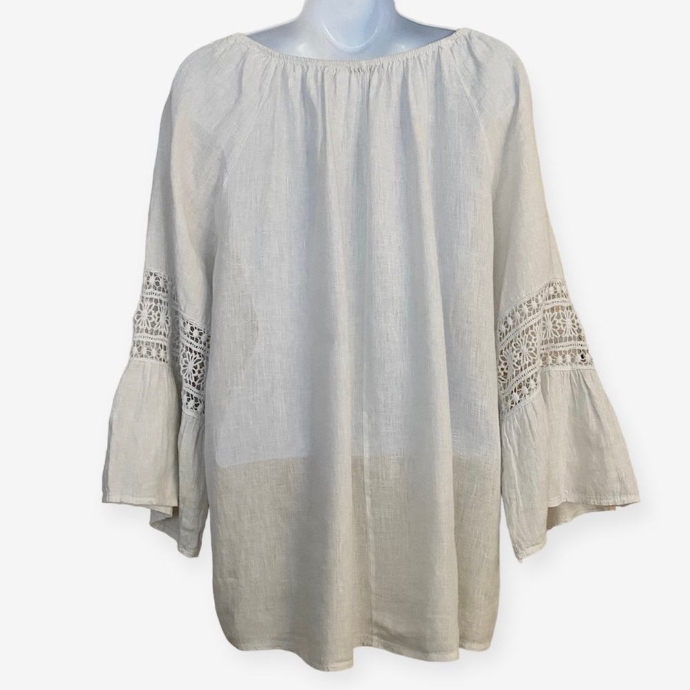 White Linen Blouse Top Sz Large Crochet Peasant Bell Sleeve Prairie Summer - Picture 4 of 13